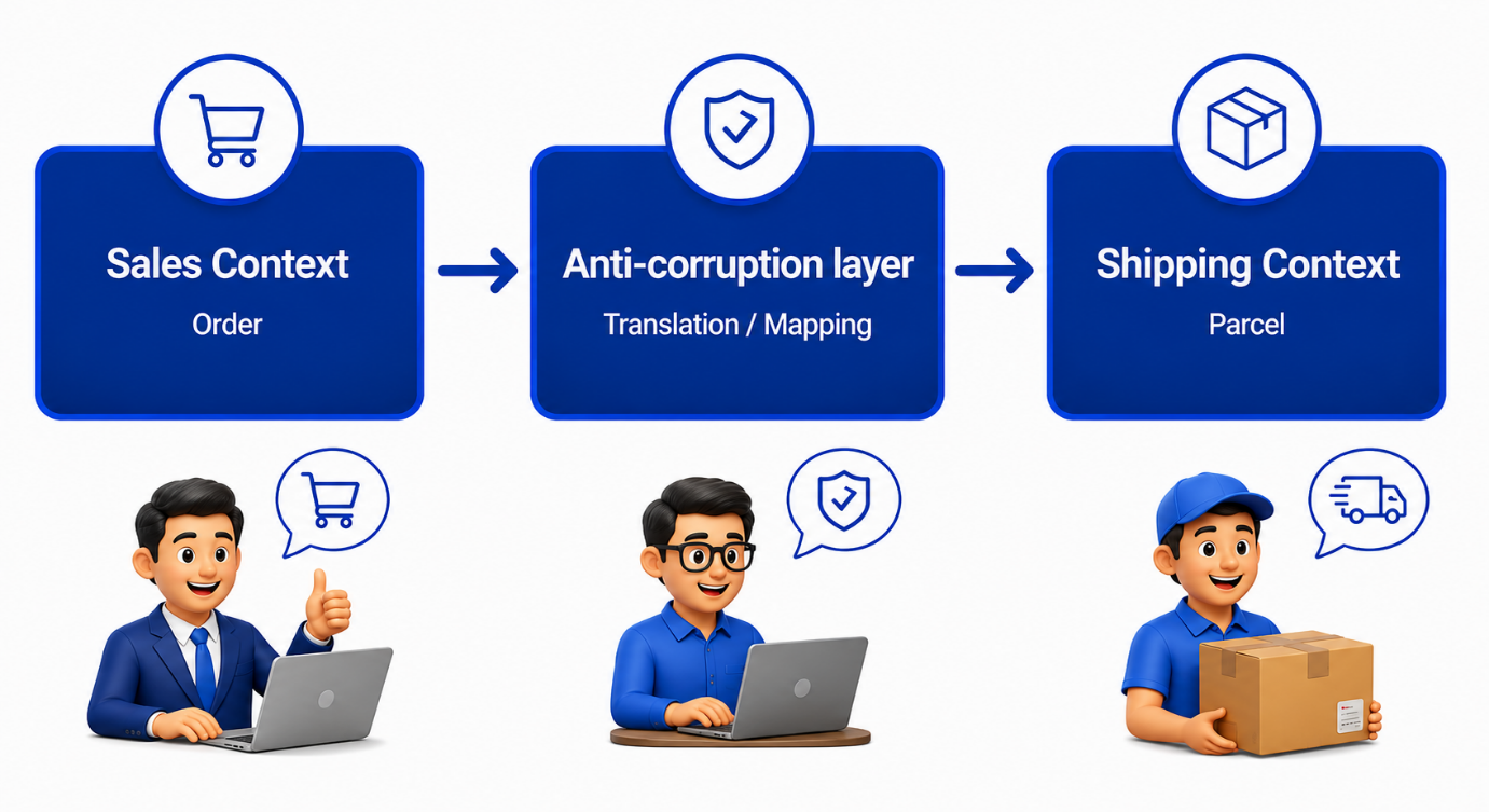 Sales Context Order flows through an Anti-corruption layer translation and mapping into Shipping Context Parcel